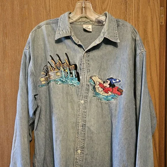 Vintage Disney Fantasia Men's Denim Blue Button Up Large - Picture 1 of 7